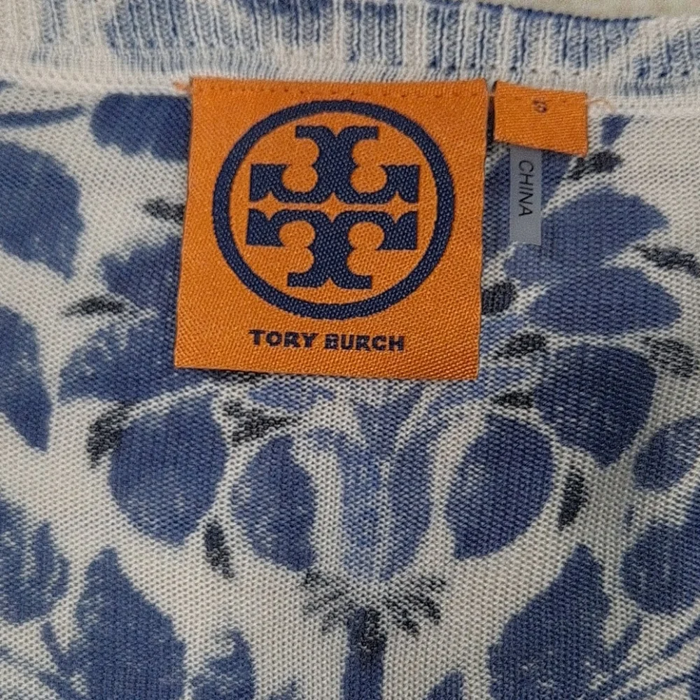 Tory Burch Blue Floral Silk V-Neck Cardigan